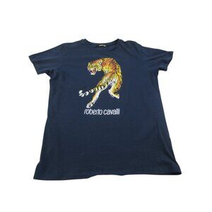 Roberto Cavalli Shirt Navy Tiger Print Cotton Short Sleeve Crew‎ Neck Tee